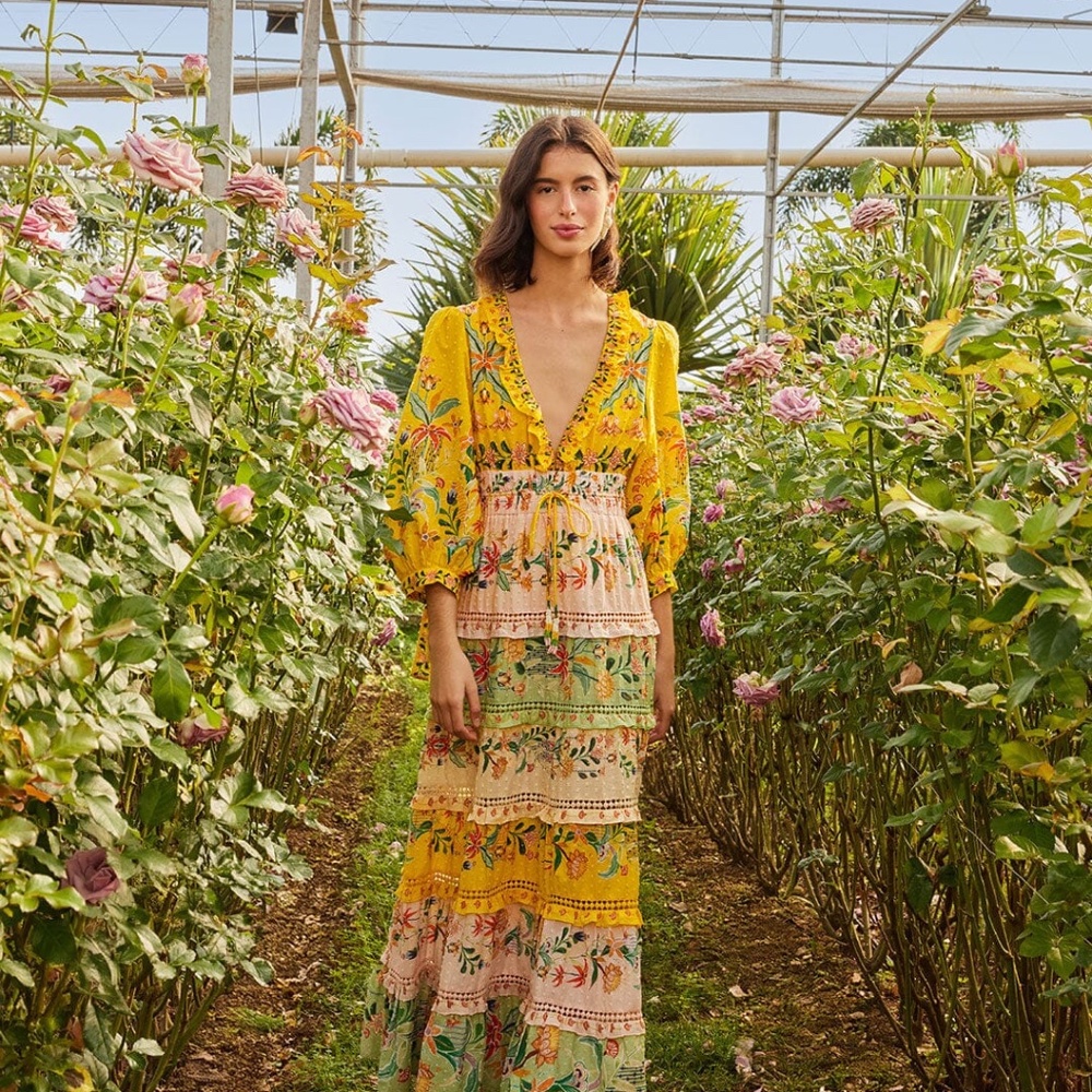 Mixed Delicate Flowers Long Sleeve Maxi Dress